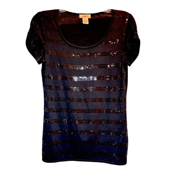 NWOT Candie's Black Sequin Striped Short Sleeve Top. Sparkle & Chic!  Large - Picture 1 of 6